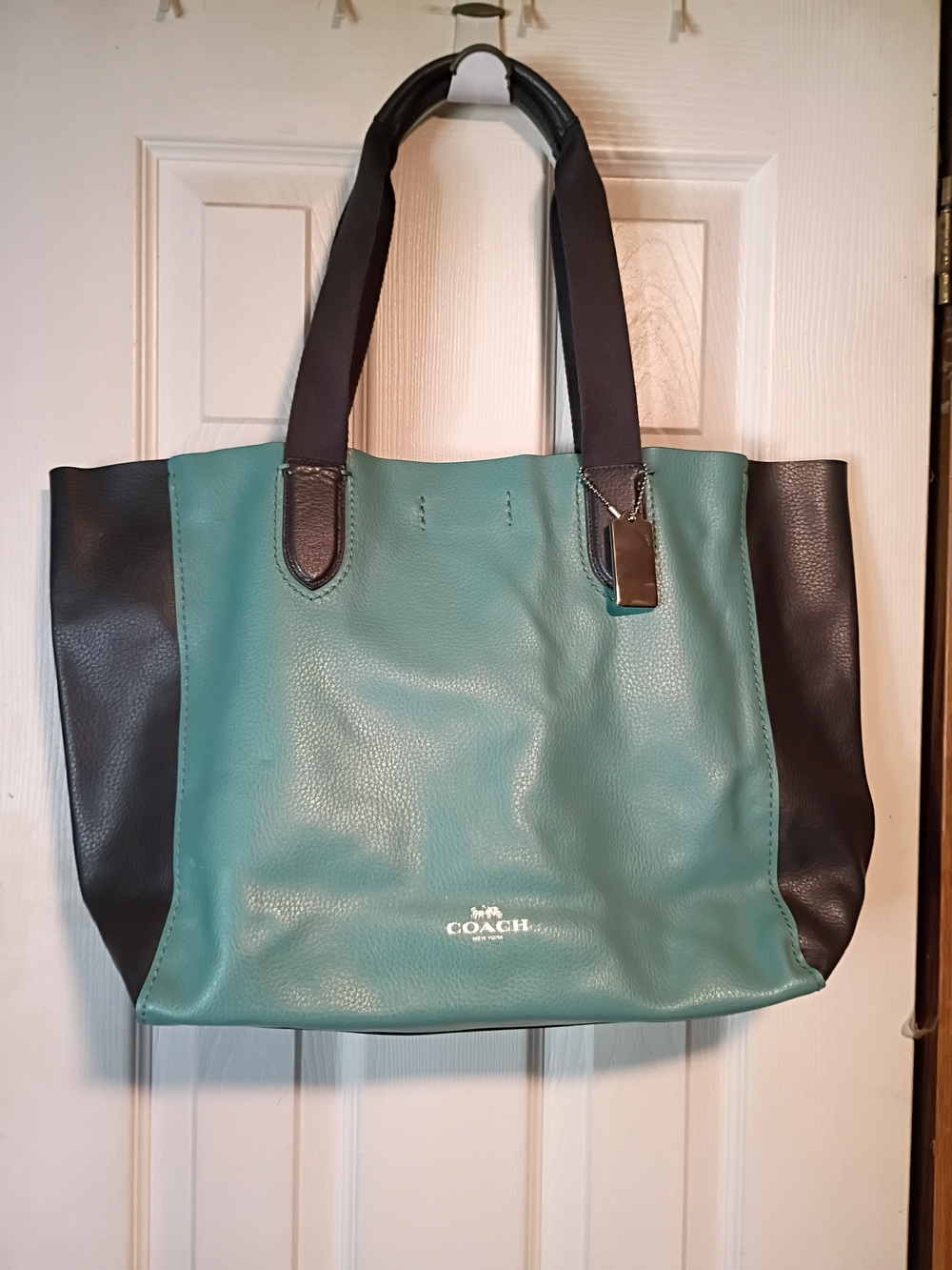 COACH Two-Tone Leather Tote Bag in Teal and Black